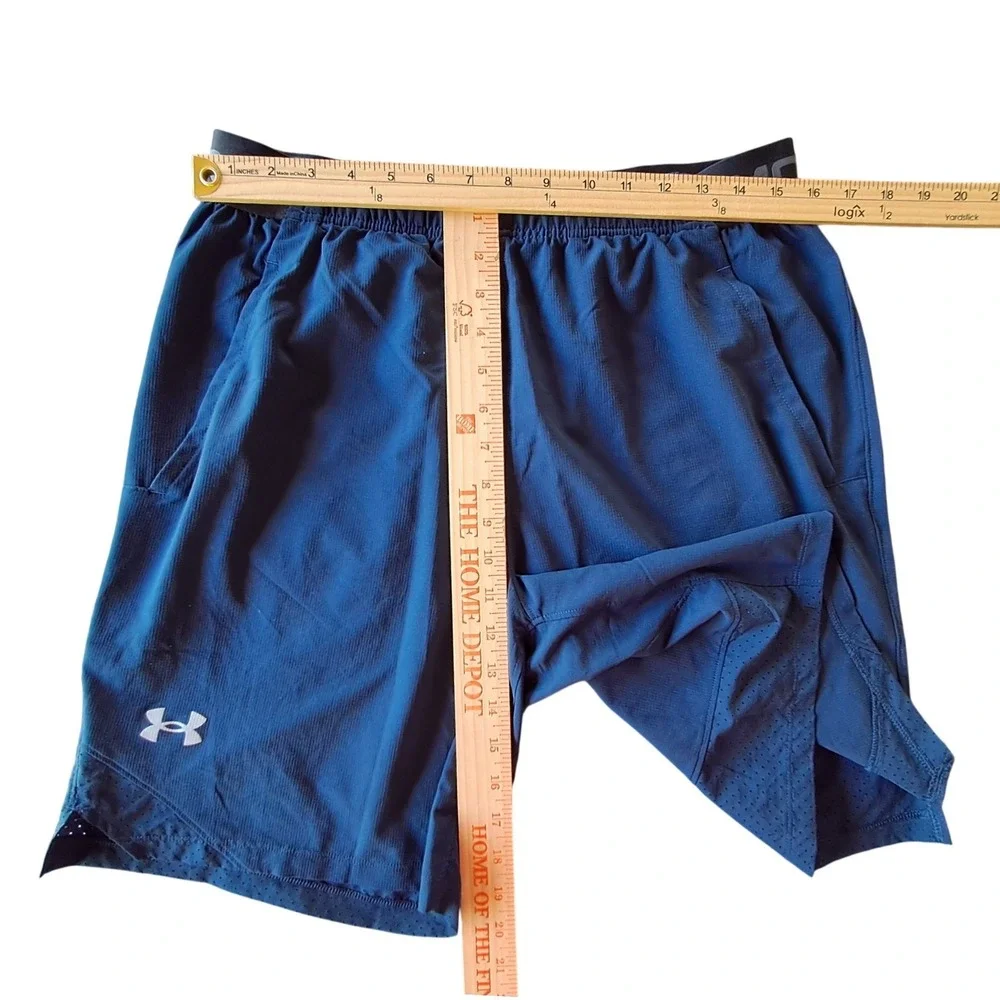 Under Armour Mens Blue Athletic Training Shorts Fitted Large Pockets Gym Running